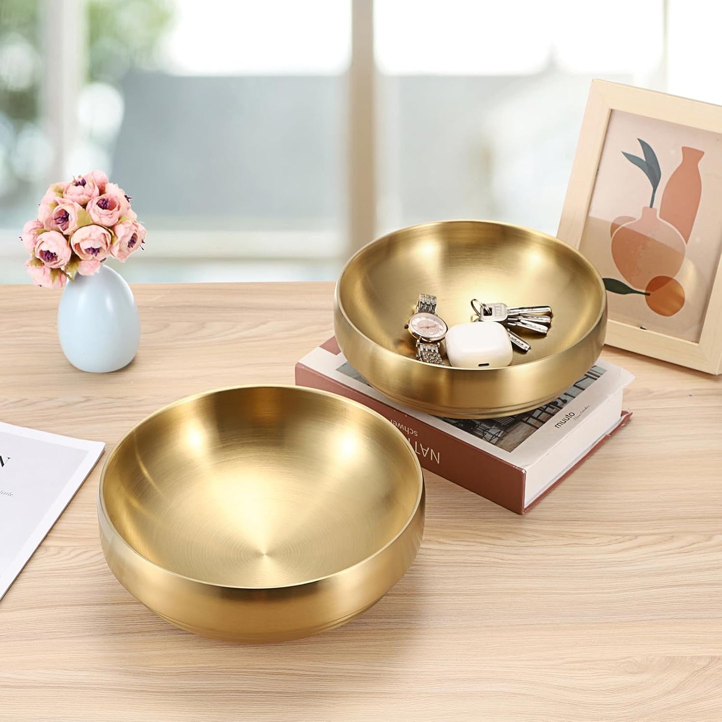 Key Bowl for Entryway Table Decorative Key Dish for Organizing Tabletop Catch All Bowl Gold Fruit Bowls for Kitchen Counter, Coffee Table,7.4 Inches