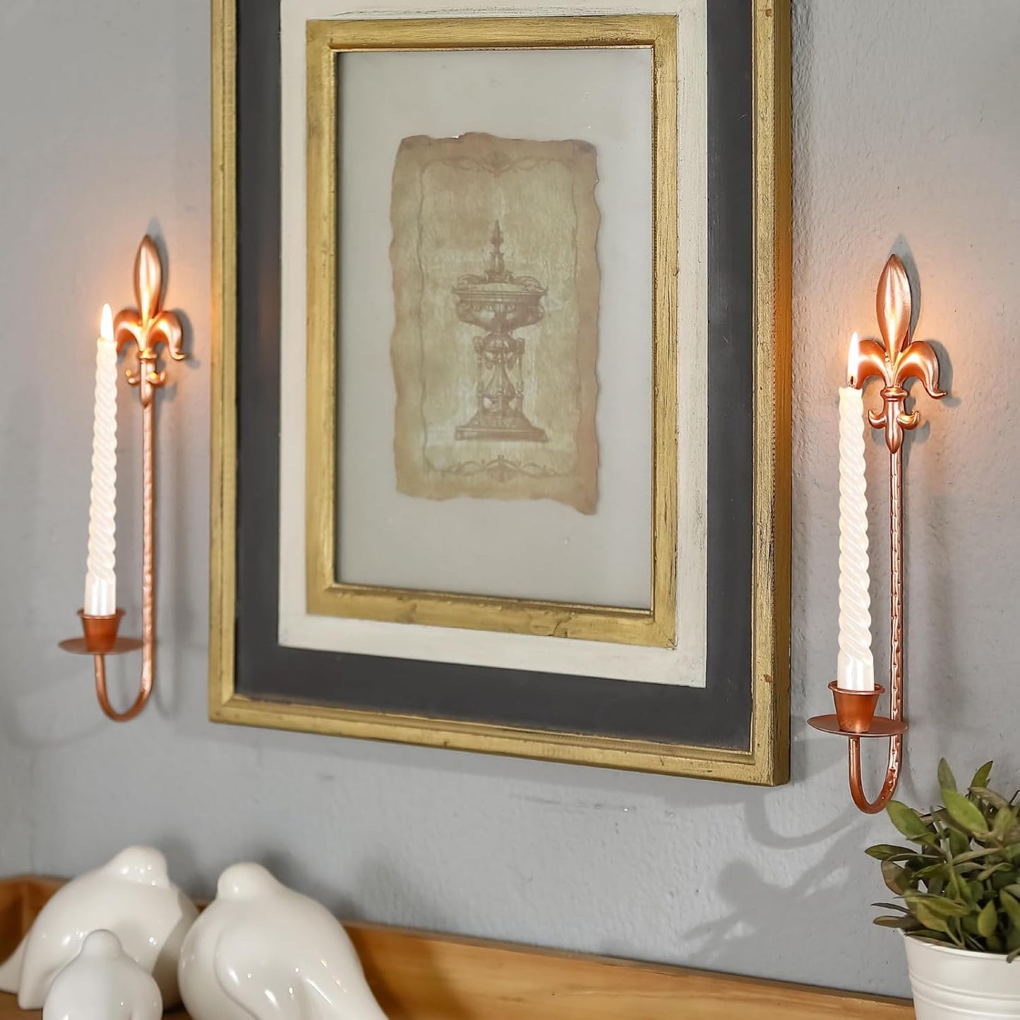 Fleur De Lis Wrought Iron Candle Sconces Set of 2, Rustic Candle Holders Hanging for Living Room Farmhouse Fireplace Wedding (Antique Copper)