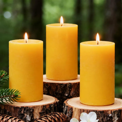 Set of 3 Natural Beeswax Pillar Candles - 3 inch Wide (3 inch 4inch 6inch Tall) - 100% Pure Bees Wax Candles, Long Burning, Unscented Smokeless & Dripless, for Emergency, Home Decor