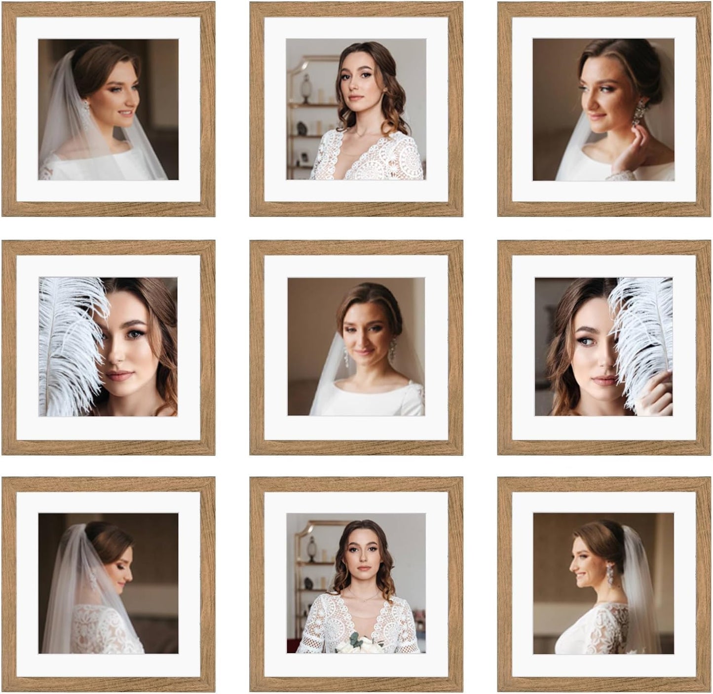 12x12 Picture Frame Set of 9, Display Pictures 8x8 with Mat or 12x12 without Mat, Multi Collage Gallery Square Photo Frames for Wall or Tabletop, Black