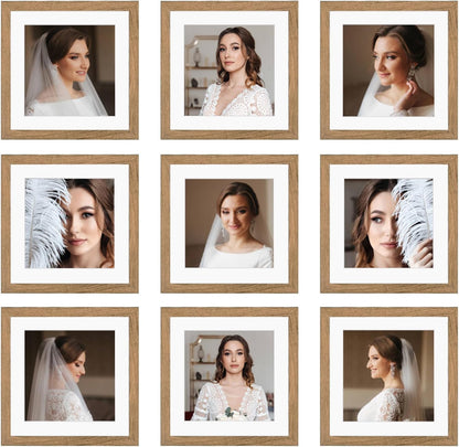 12x12 Picture Frame Set of 9, Display Pictures 8x8 with Mat or 12x12 without Mat, Multi Collage Gallery Square Photo Frames for Wall or Tabletop, Black