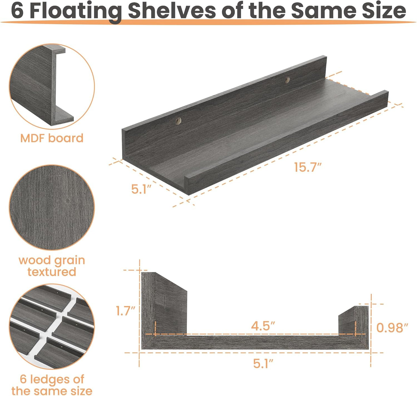 upsimples 6 Pack Wooden Floating Shelves, Wall Storage Decor Shelf for Bathroom, Bedroom, Living Room, Kitchen, Office and Laundry Room, Wall Mounted Display Hanging Shelf, Brown