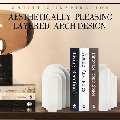 Heavy Duty Book Ends for Shelves, Decorative Book Stopper for Shelves, Resin Decor Bookends for Heavy Books, Modern Home Decor Aesthetic Bookend Aesthetically Pleasing Layered Arch Design, Set of 2