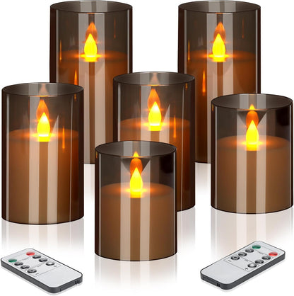 wemarry Flameless Candles 4" 5" 6" Acrylic Glass Pillars 3" Diameter Battery Operated Flickering Candles Include 8-Key Remote with Timer Function 400+ Hours (Gray, Warm Light 3 Pack)