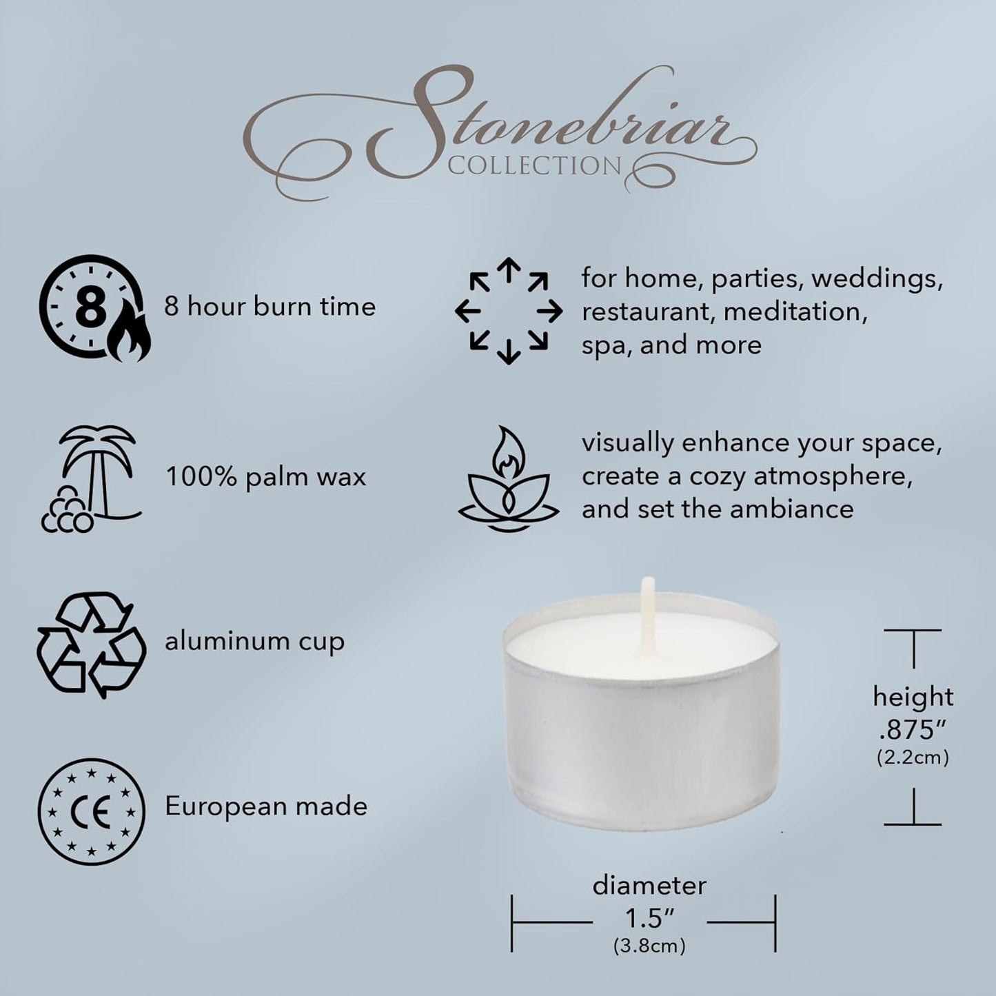 Stonebriar 100 Pack Unscented 8 Hour Extended Burn Time Tea Light Candles, White, 100 Count