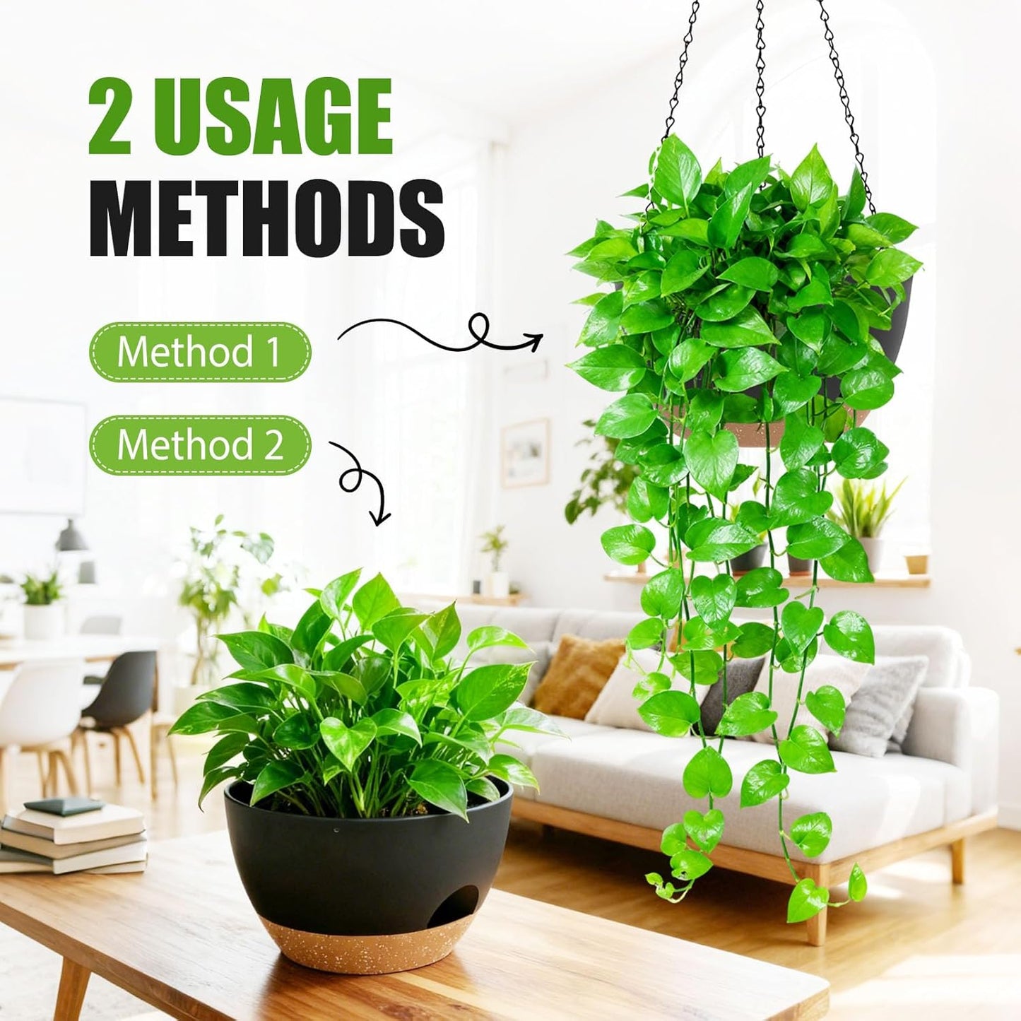 8 Inch Hanging Planters for Indoor Outdoor Plants, 4 Pack Black Plastic Self Watering Hanging Baskets with Drainage Holes and Chain for Garden Porch