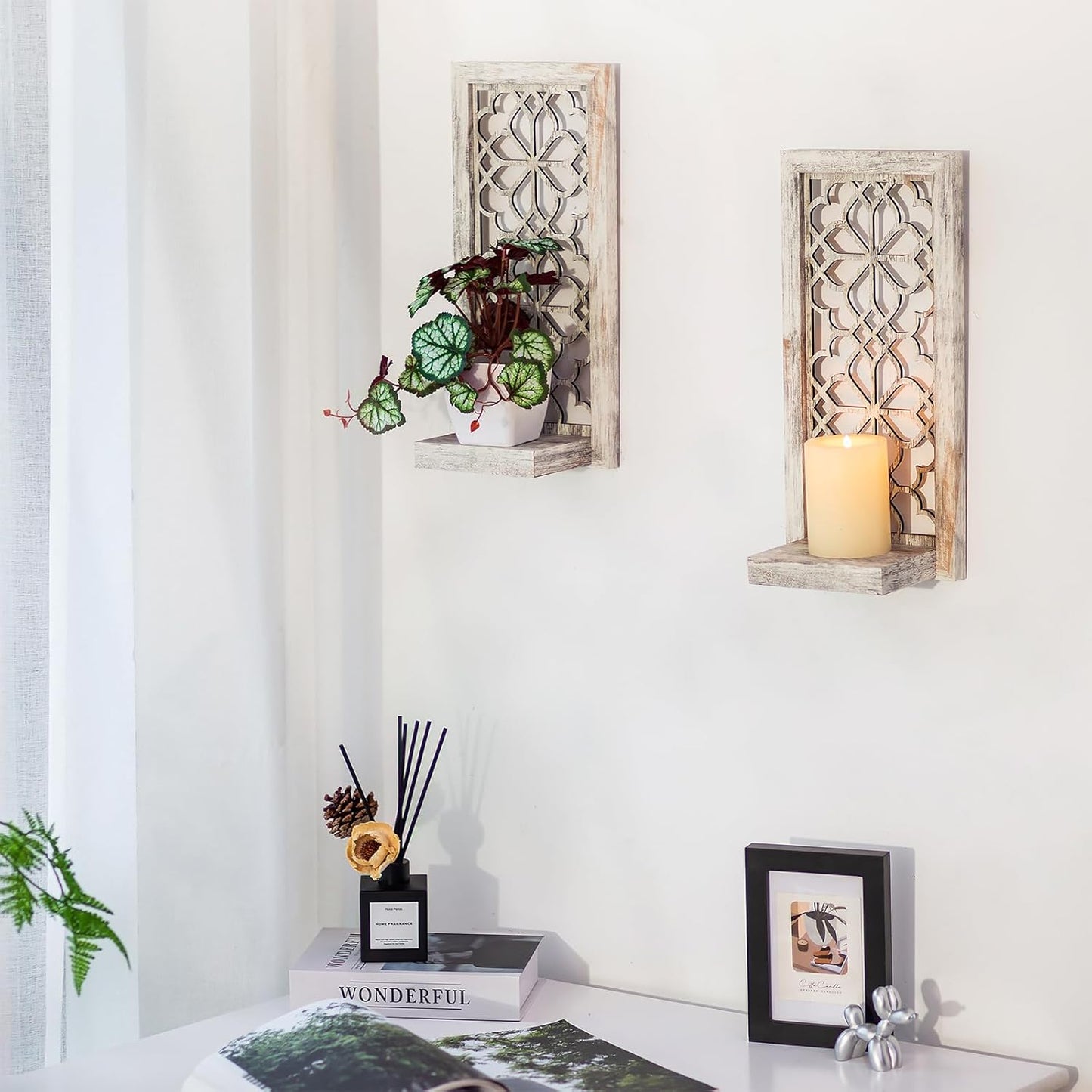 Farmhouse Wall Candle Holder Decor: Rustic Candle Sconces Set of Two for Pillar Candles - Brown Wooden Shelving for Fireplace Bathroom Hallway