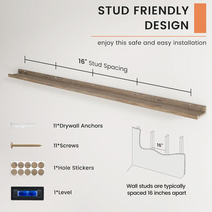 FLYJOE Picture Ledge Shelf, Floating Shelves Set of 2, 48 Inches Long Large Nursery Book Shelves for Toys Storage, Kids Bookshelf Wall Mounted for Living Room Bedroom Decor Books Photo Frames, Walnut