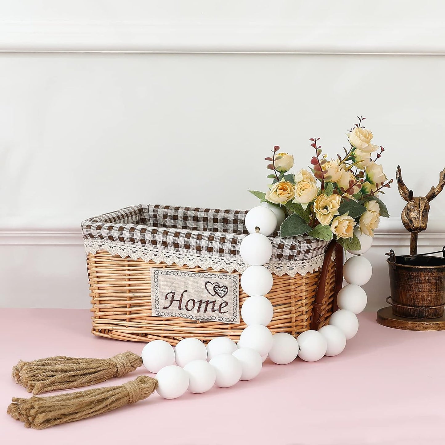Farmhouse Decor Large Wood Bead Garland 50inch long with 1.6" Diameter beads, Natural Wooden Beads Decor with Tassels Decorative Boho Country Decoration for Coffee Table Home Tiered Tray Wall Hanging