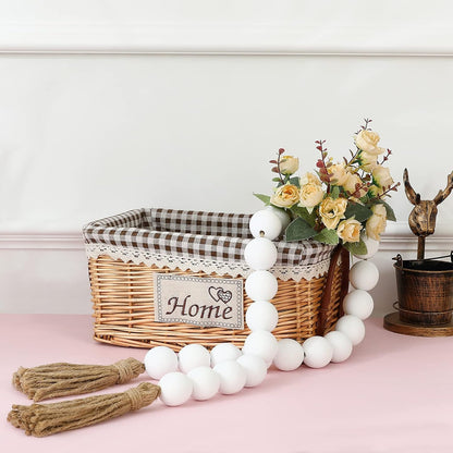 Farmhouse Decor Large Wood Bead Garland 50inch long with 1.6" Diameter beads, Natural Wooden Beads Decor with Tassels Decorative Boho Country Decoration for Coffee Table Home Tiered Tray Wall Hanging