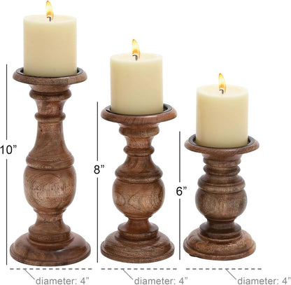 Deco 79 Mango Wood Decorative Candle Holder Distressed Turned Pillar Candle Stand, Set of 3 Candlestick Holder 6", 8", 10"H, Light Blue