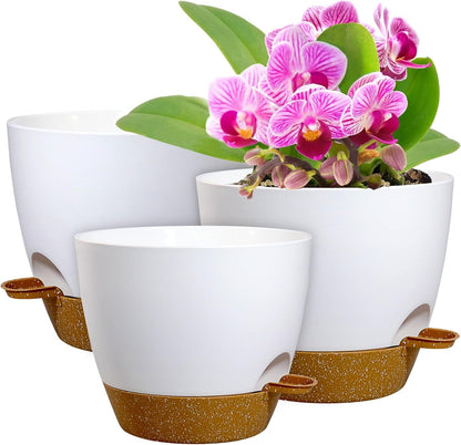 WSMKSZ 10/9/8 inch Self Watering Pots, Planter, Plant Pots with Mesh Drainage Holes for Indoor Outdoor Garden Plants, Plastic Flower Pots with Deep Reservoir for House Plants, Green with Brown