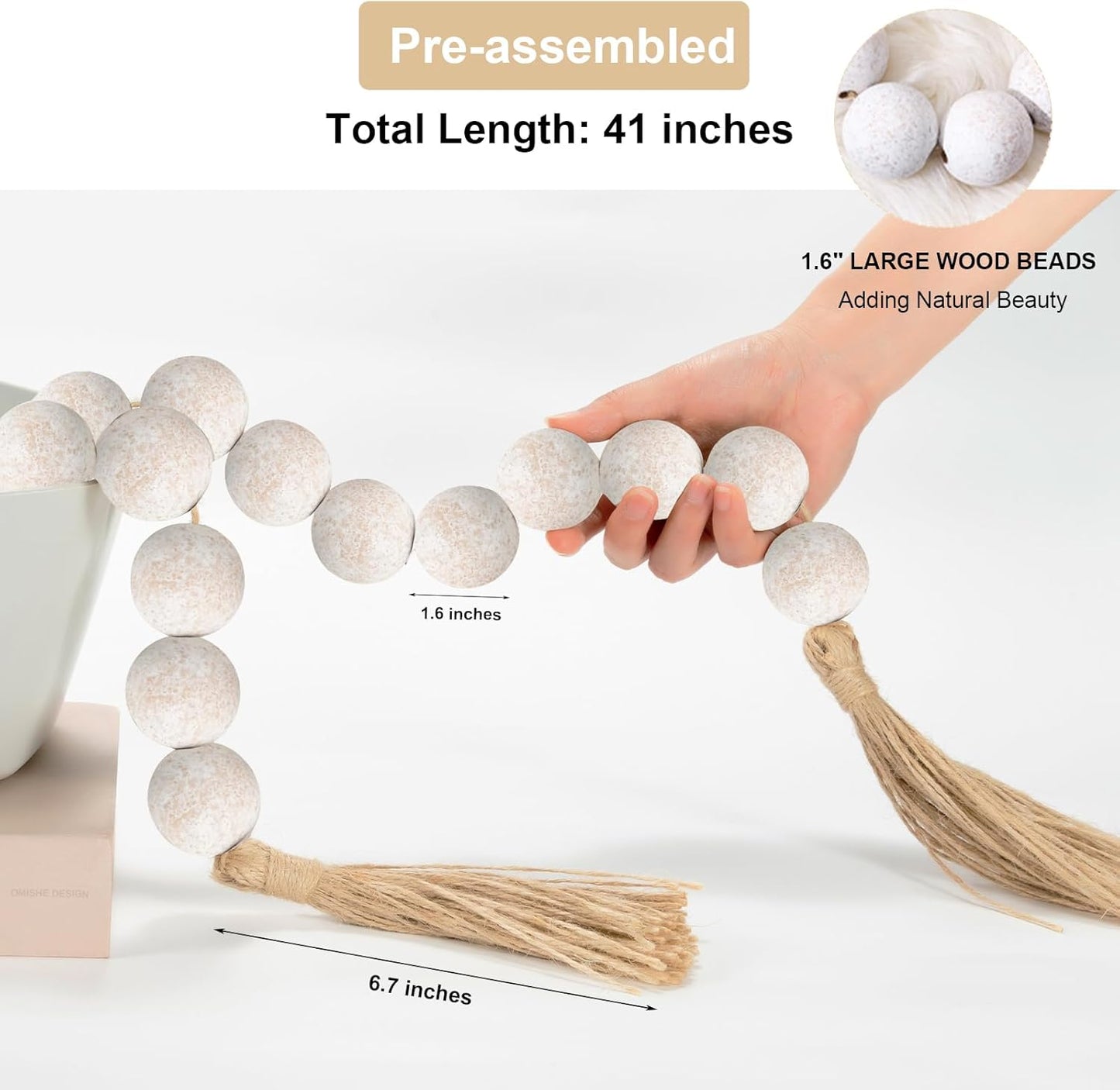OMISHE Extra Large Wood Bead Garland with 1.6" Diameter Wooden Beads and Tassels, 41" Long Rustic Farmhouse Country Decorative Beads for Home Tiered Tray Decor, Natural Beige