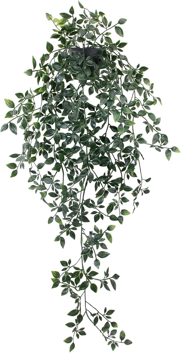 LOYWREE Fake Plants Indoor Artificial String of Pearls Plant in Black Pots, Realistic Green Faux Succulent Hanging Plants for Shelf Decor Desk Home Garden Decorations