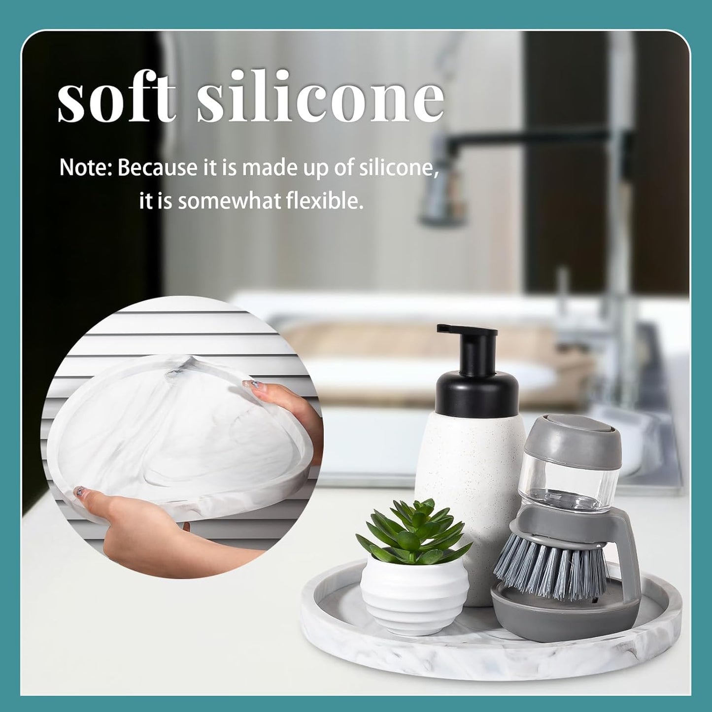 Silicone Bathroom Tray Round Vanity Tray Decorative Soap Holder Kitchen Countertop Organizer Coffee Table Decor for Candle, Perfume, Plant, 9 Inch, Black