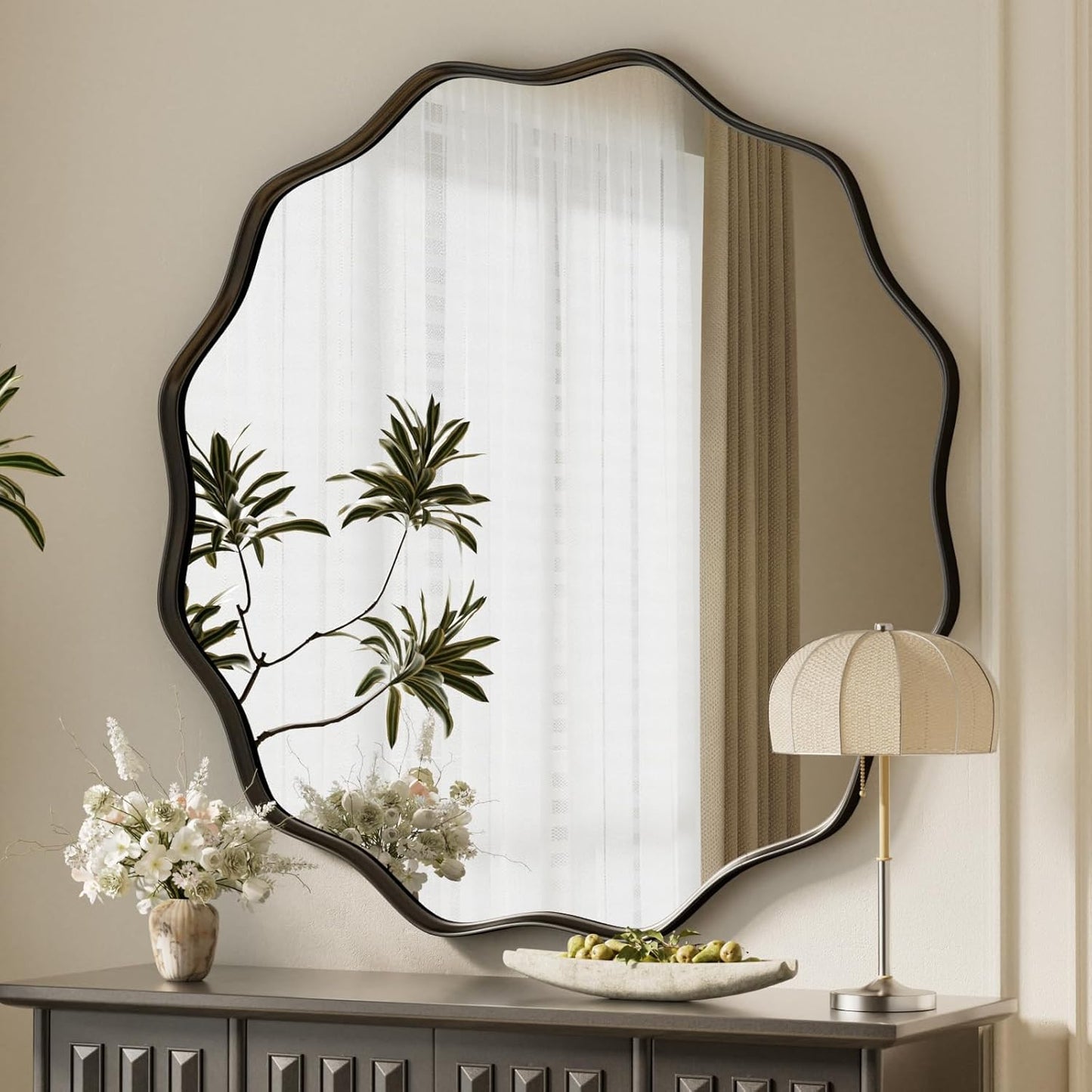 VooBang Black Scalloped Large Circle Mirror, 42" Wavy Edge Round Wall Mirror with Tempered Glass Textured Circular Metal Deep Frame, Hanging Leaning for Bathroom, Hallway, Entryway, Livng Room