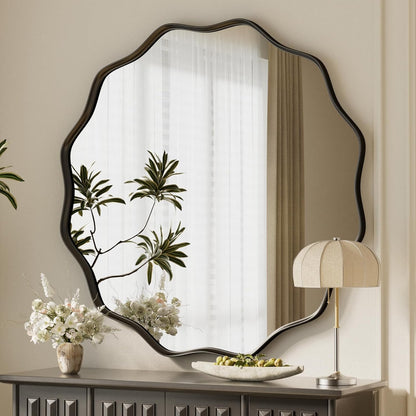 VooBang Black Scalloped Large Circle Mirror, 42" Wavy Edge Round Wall Mirror with Tempered Glass Textured Circular Metal Deep Frame, Hanging Leaning for Bathroom, Hallway, Entryway, Livng Room