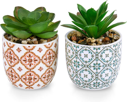 Artificial Plants Succulent Flowers in Ceramic Planter 2 Pack Small Fake Plants Potted for Home Office Desk Decor Farmhouse Living Room Bedroom Shelves Decoration