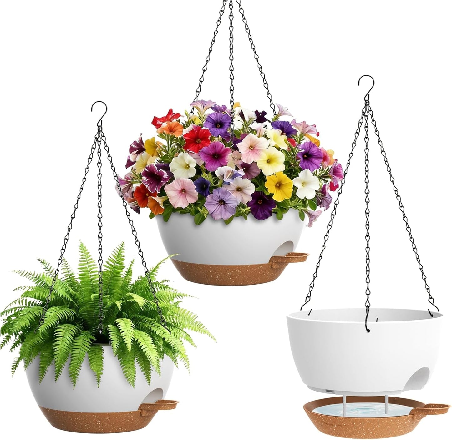 UOUZ Set of 3-10 Inch Self Watering Hanging Planters for Indoor Outdoor，Hanging Plant Pots with Drainage & Removable Tray, Hanging Pots Holder for Ivy, Pothos, Ferns, Balcony & Patio, Black with Brown