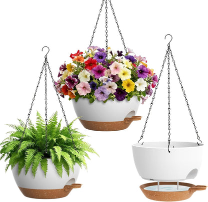 UOUZ Set of 3-10 Inch Self Watering Hanging Planters for Indoor Outdoor，Hanging Plant Pots with Drainage & Removable Tray, Hanging Pots Holder for Ivy, Pothos, Ferns, Balcony & Patio, Black with Brown