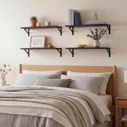 YGEOMER Floating Shelves for Wall, Different Sizes Dark Carbonized Brown Wall Shelves for Living Room, Bathroom, Bedroom, Kitchen, Home Decor (Set of 4)