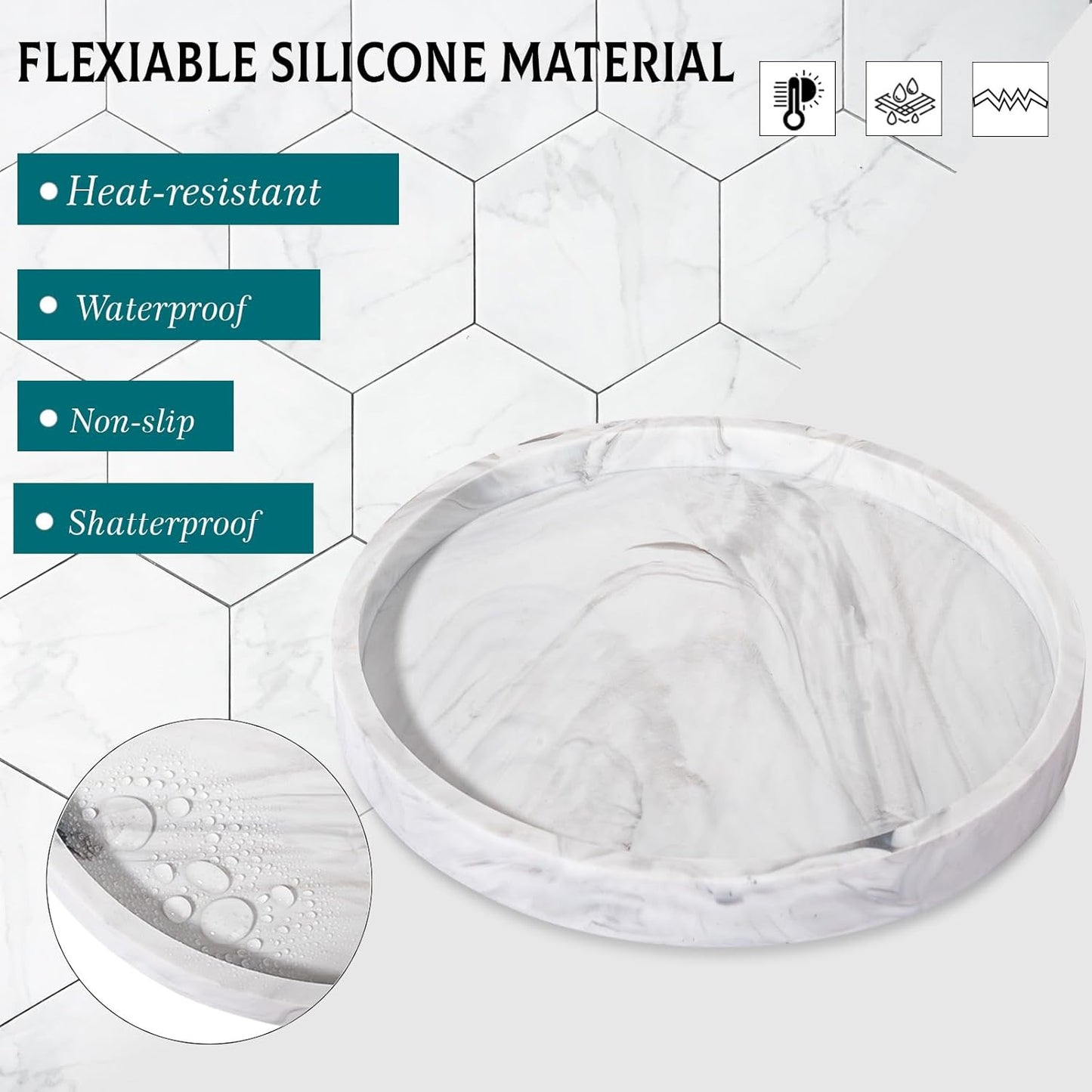 Silicone Bathroom Tray Round Vanity Tray Decorative Soap Holder Kitchen Countertop Organizer Coffee Table Decor for Candle, Perfume, Plant, 9 Inch, Black