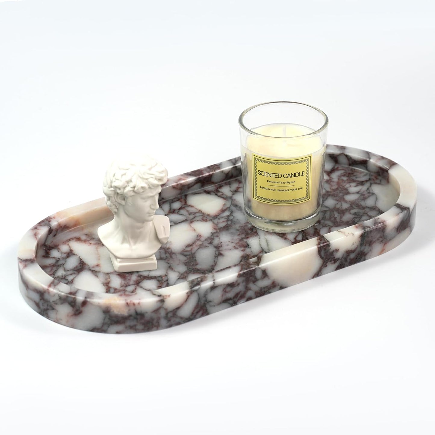 Marble Perfume Tray with Legs - Oval Decorative Stone Pedestal for Bathroom Vanity Coffee Table Kitchen Countertop, Footed Jewelry Candle Organizers Catchall Plate Riser with Scalloped Feet