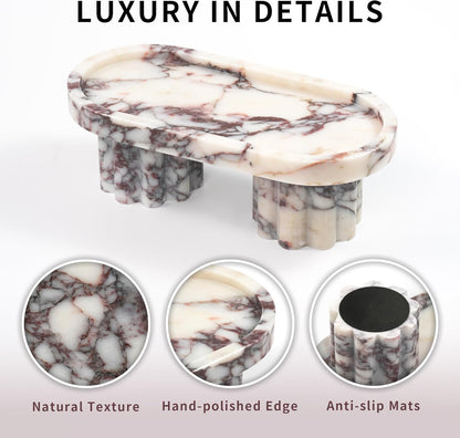 Marble Perfume Tray with Legs - Oval Decorative Stone Pedestal for Bathroom Vanity Coffee Table Kitchen Countertop, Footed Jewelry Candle Organizers Catchall Plate Riser with Scalloped Feet