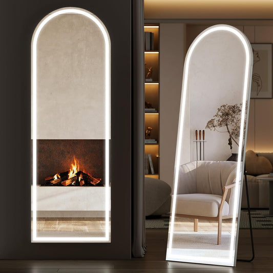 Sweetcrispy Full Length Mirror with LED Lights, 65"x21" Lighted Floor Mirror with Dimming & 3 Color Lighting, Stand for Bedroom, Dressing Room