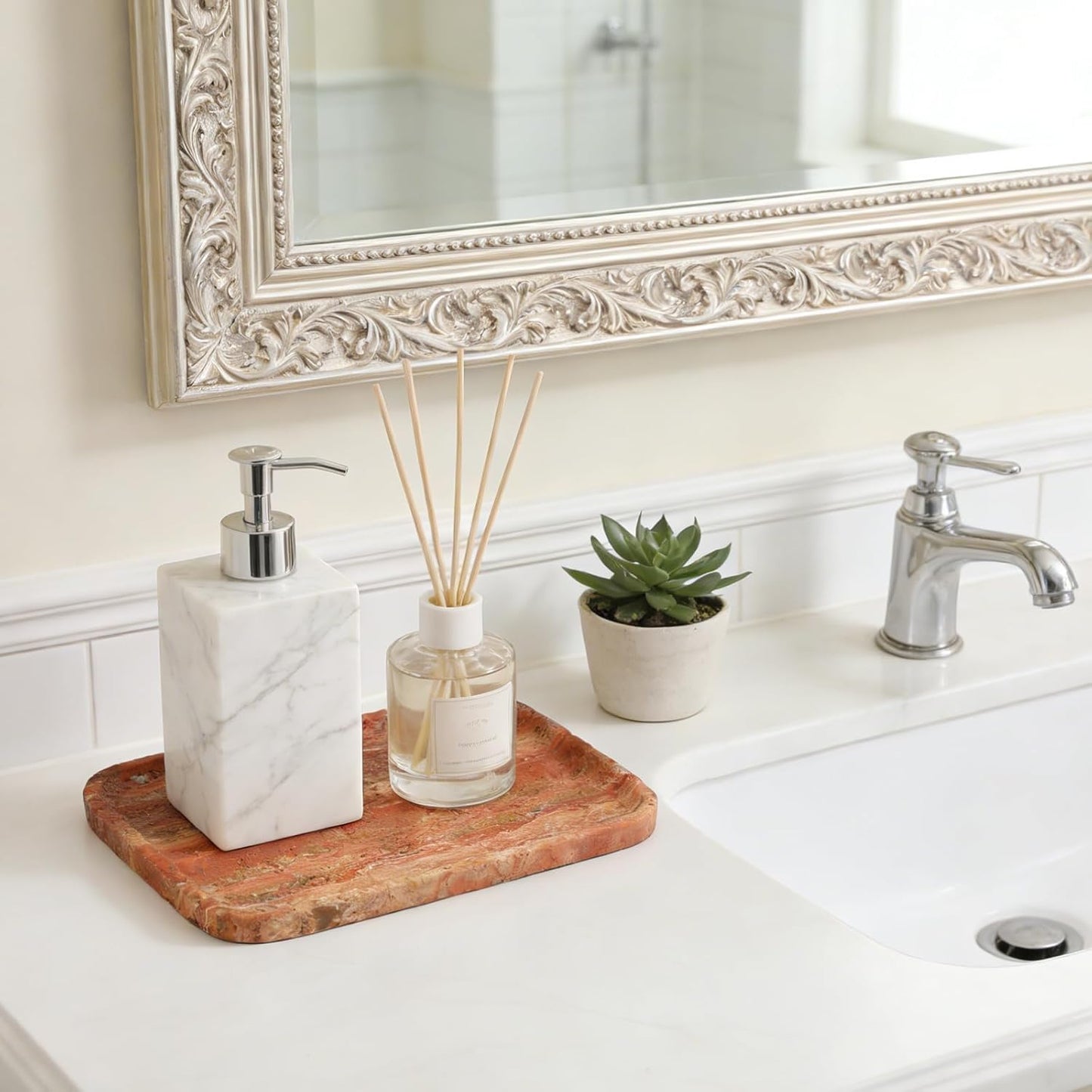 Koville Romano Travertine Tray, 12"x8" Natural Stone Vanity Tray for Countertop Bathroom Kitchen Dresser, Decorative Marble Catchall Trays for Perfume Jewelry, Rectangular Serving Tray(Beige)