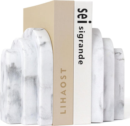 LIN CHUAN Heavy Duty Bookends for Shelves, 6.6 LBS Heavy Book Ends for Heavy Books, Decorative Modern Bookends with Faux Sandstone Look, Layered Arch Book Stopper for Bookshelf Holder Set of 2, Beige