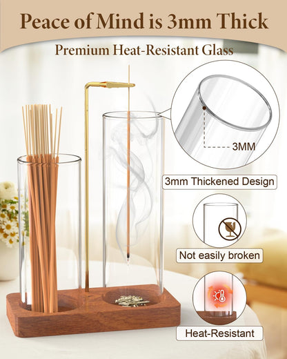 2 in 1 Incense Holder with 7.8" & 5.9" Glass Jars, Large Incense Holder for Sticks, Upside Down Incense Burner with Ash Catcher & Storage for Meditation Yoga Spa Home Decor - 20 Incense Sticks & Brush