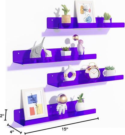 upsimples Acrylic Shelves for Bathroom Storage, 15" Floating Shelves Wall Organizer for Perfume, Make up, Skincare, Kids Bookshelf for Bedroom, Nursery, Living Room Decor, Clear, 4 Pack