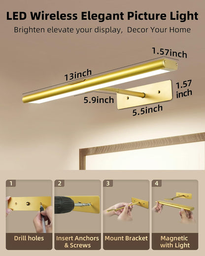EZVALO Picture Light for Wall, 4800mAh Rechargeable Wireless Remote, 16in Dimmable Magnetic LED Art Display Light with 3 Color Temperatures, for Gallery, Living Room, Bedroom, Hallway (Gold)