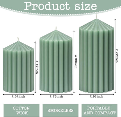 3 Pack White Ribbed Pillar Candles - Soy Wax Unscented, 2.76" x4.2/4.9/5.9 in Smokeless Non Toxic Cotton Wick, Aesthetic Modern Candles for Home Decor, Dinner Table, Living Room, Housewarming Gift