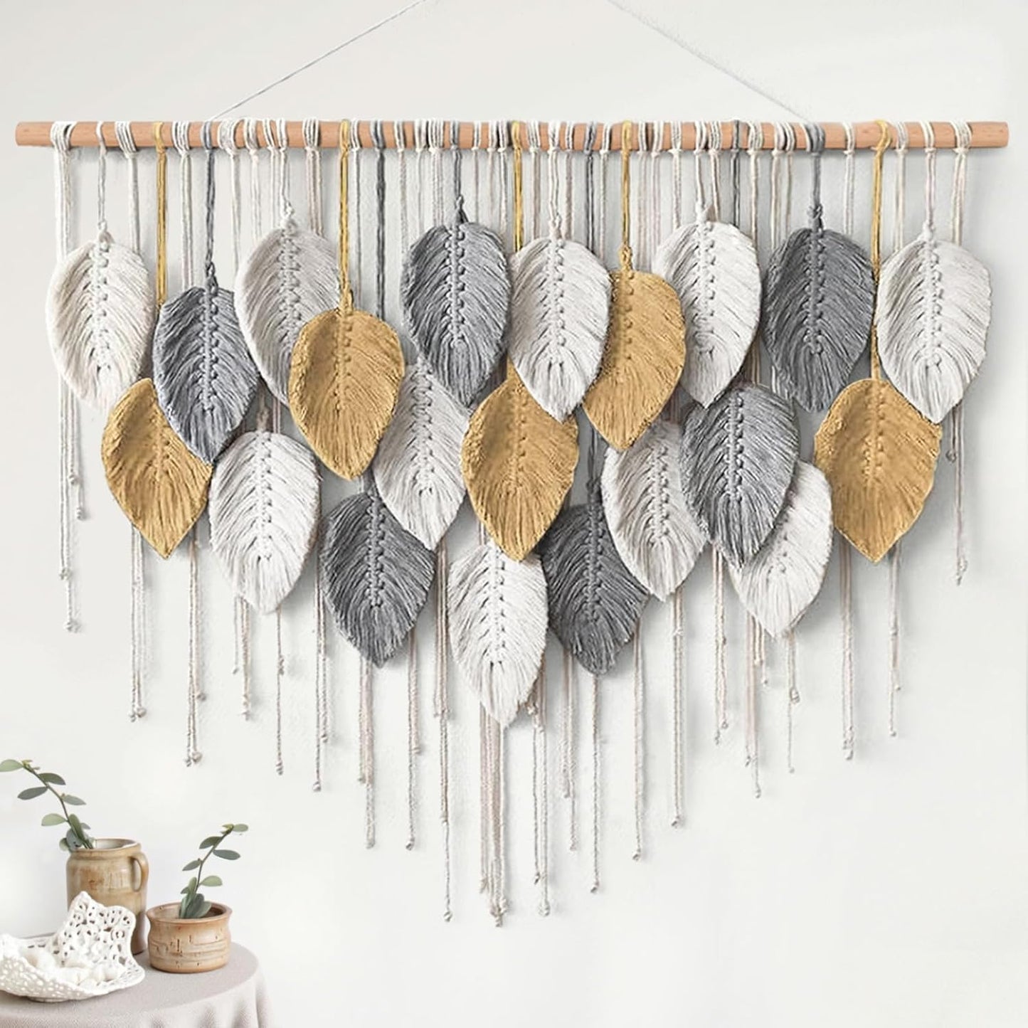 KHOYIME Large Macrame Wall Hanging Boho Woven Tapestry, Chic Home Decor Modern Bohemian Handmade Leaf Feather Wall Art Decorations for Apartment Dorm Living Room Bedroom Nursery Backdrop 39"W X 29.5"L