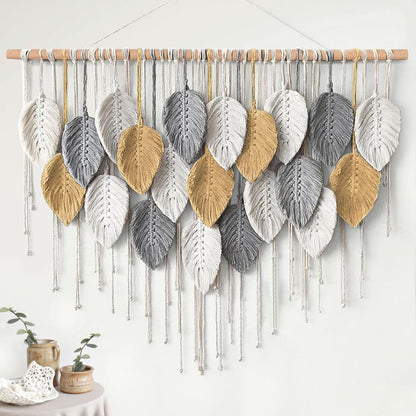 KHOYIME Large Macrame Wall Hanging Boho Woven Tapestry, Chic Home Decor Modern Bohemian Handmade Leaf Feather Wall Art Decorations for Apartment Dorm Living Room Bedroom Nursery Backdrop 39"W X 29.5"L