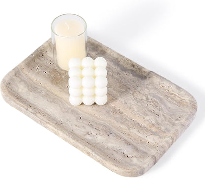 Marble Vanity Tray for Dresser Organizer, Travertine Bathroom Tray Countertop, Beige Decorative Serving Trays, Kitchen Sink Storage, Jewelry & Perfume Holder(Travertino Romano)