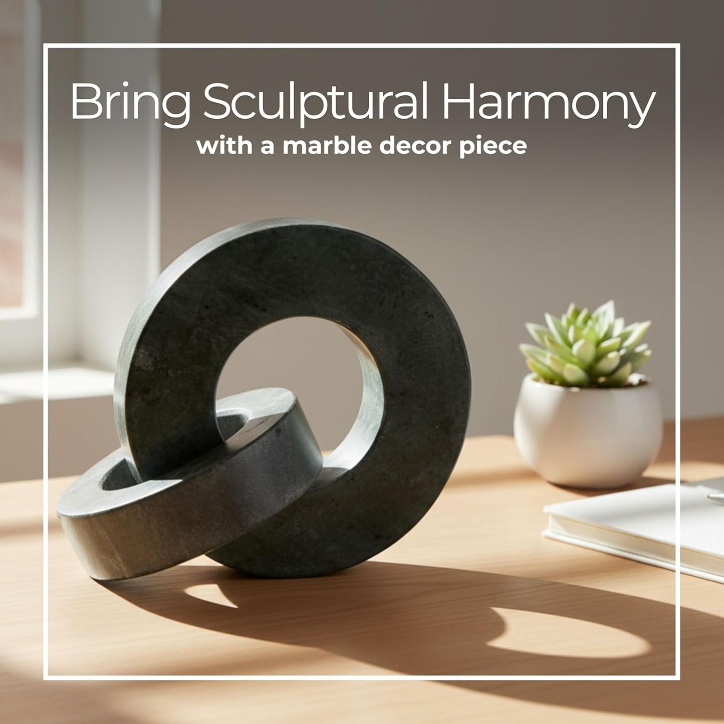 Home Decor and Bathroom Decor Marble Double Ring - Modern Shelf Sculpture and Office Accents for Room Styling - Coffee Table Ornaments and Living Room Decor Statues Design - 6", White & Beige