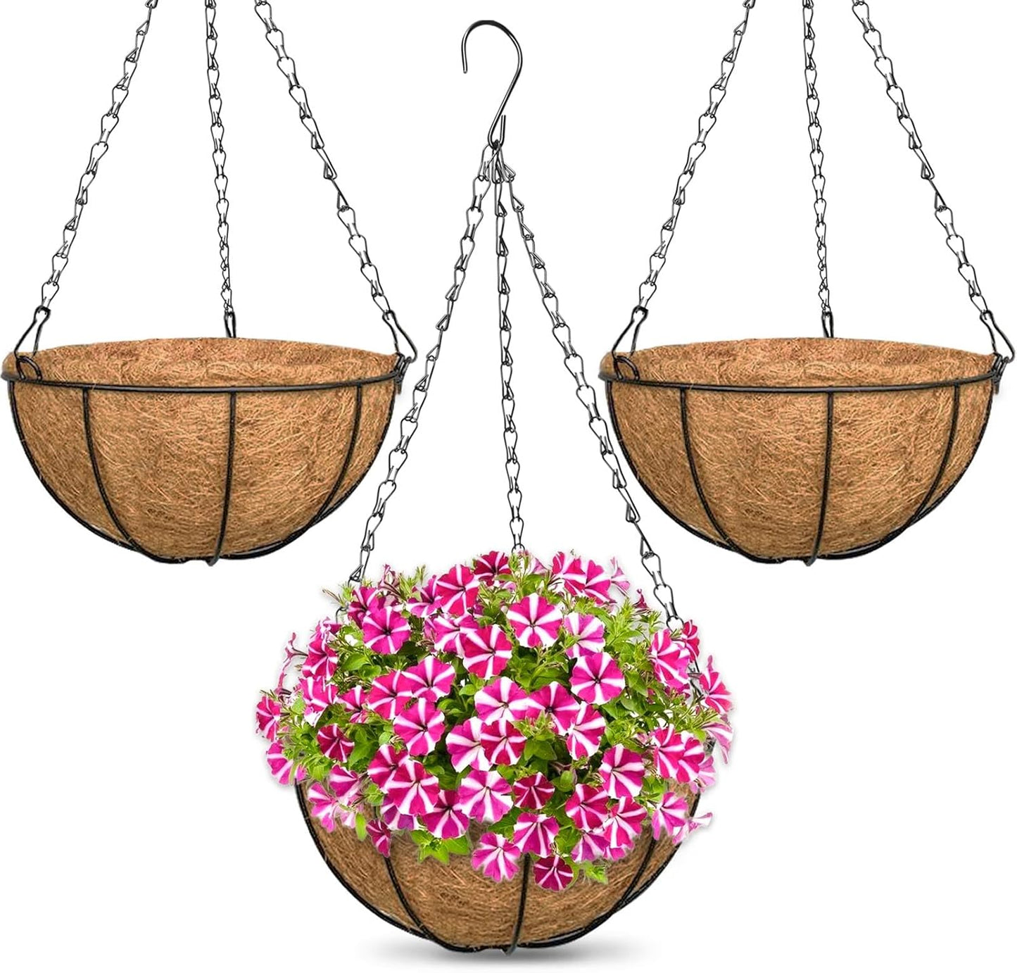 ZeeDix 2 Pack 14 Inch Hanging Baskets for Plants Outdoor, Metal Wire Round Planters with Coco Liner, Hanging Flower Baskets for Home Garden Porch Balcony Railings Decor