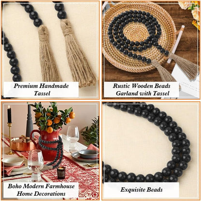 Wood Bead Garland 58 Inch Nature Wooden Beads for Boho Farmhouse Table Home Decor with Tassel, Wooden Prayer Bead, Rustic Country Boho Wall Hanging Decor for Kitchen Modern Living Room Tray Vase Shelf