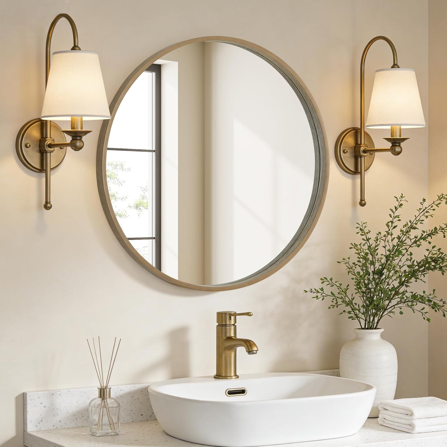 WallBeyond Wood Round Mirror with Wood Frame 24 inch Circle Wall Mirror for Bathroom Round Wall Mirror for Wall Decor, Vanity, Entryway Living Room (Walnut)