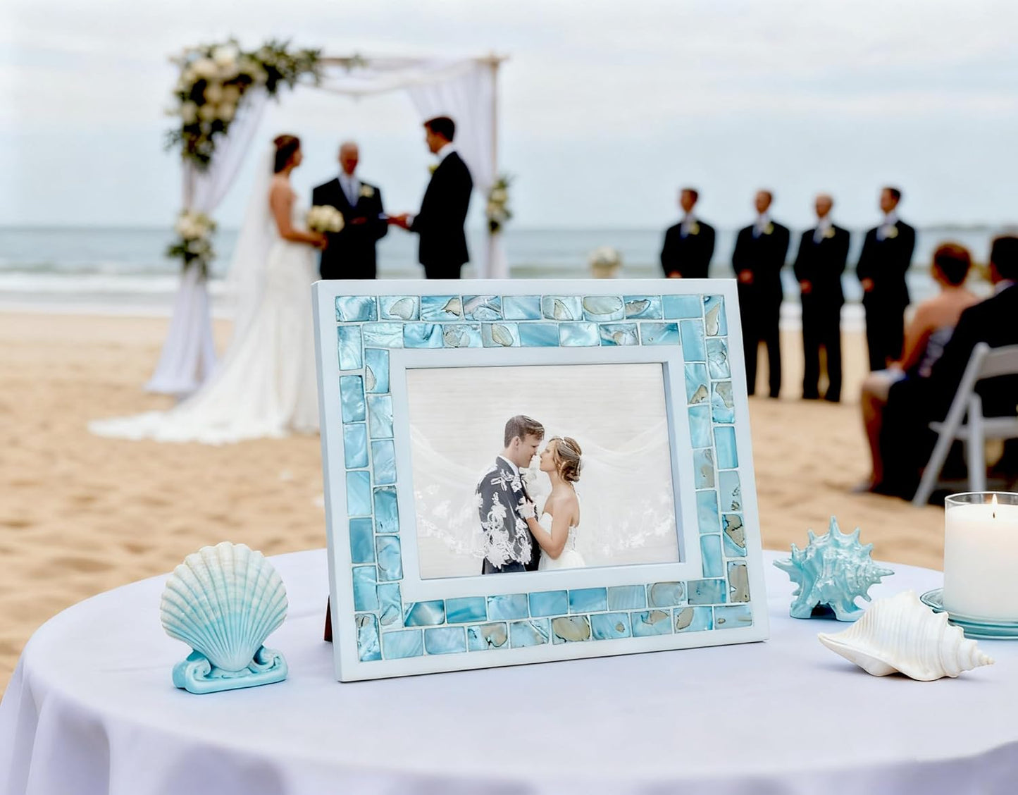 Silver Plate Picture Frame 5x7 Mother of Pearl 5 by 7 Photo Frame Mosaic Glass Tabletop Frame (Grey+ White,1pc)