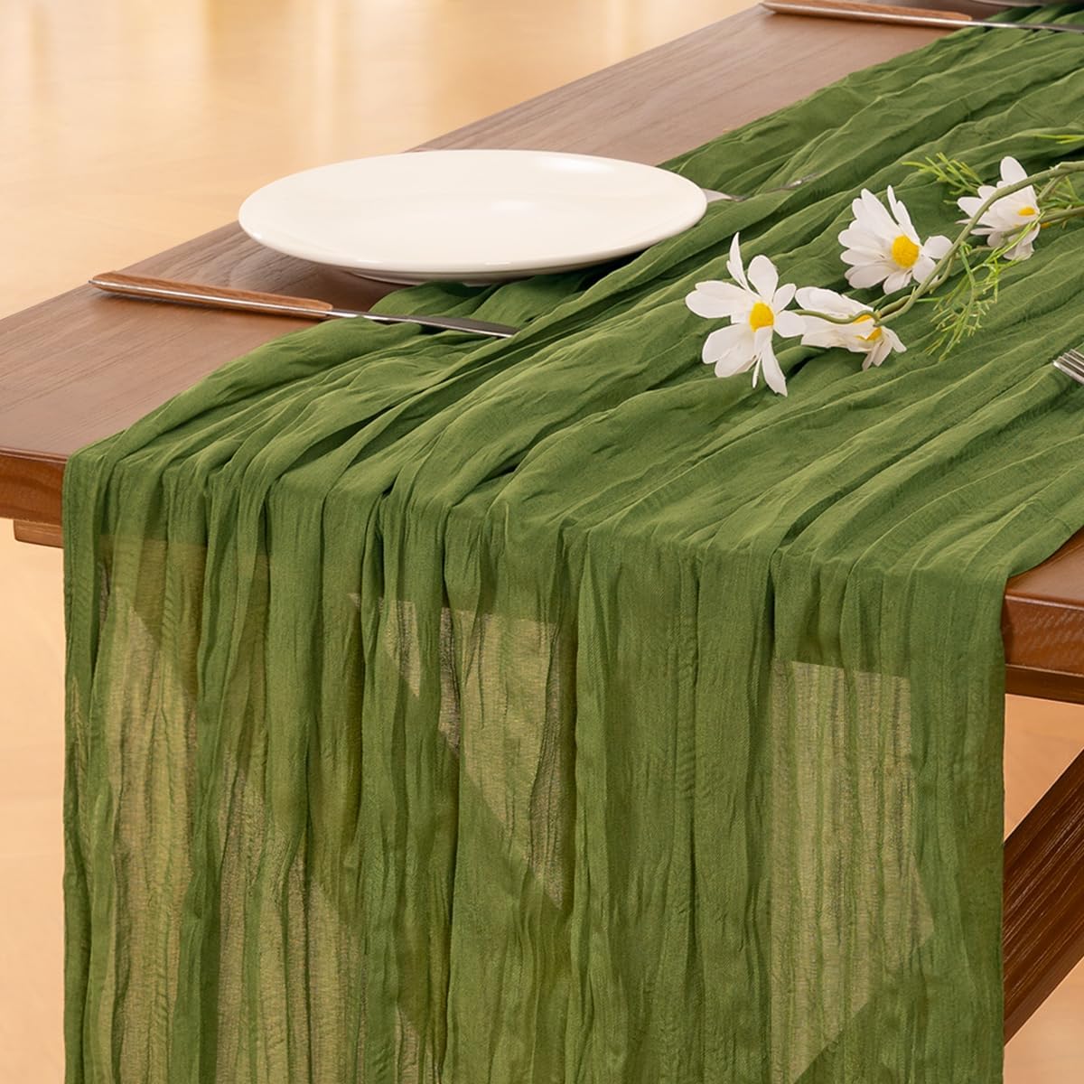 Socomi 3pcs Sage Green Cheesecloth Table Runner Summer Boho Rustic Gauze 120 inch 10FT Cheese Cloth Sheer Runner for Wedding Party Baby Shower Home Decor Holiday Decorations