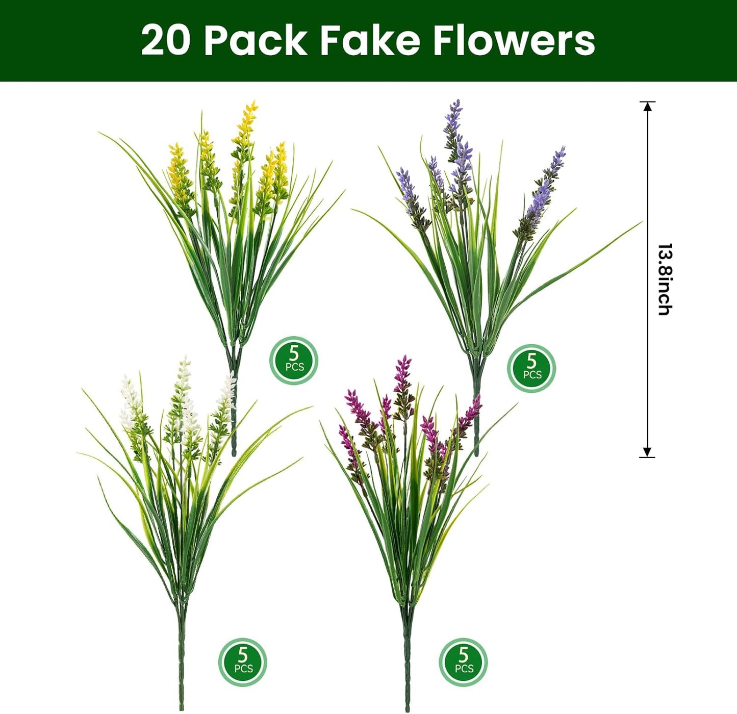 20 Bundles Artificial Plants Outdoor, UV Resistant Fake Flowers， Realistic Faux Lavender Shrubs for Porch Garden Window Box Home Decoration (Purple)