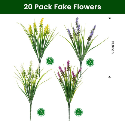20 Bundles Artificial Plants Outdoor, UV Resistant Fake Flowers， Realistic Faux Lavender Shrubs for Porch Garden Window Box Home Decoration (Purple)