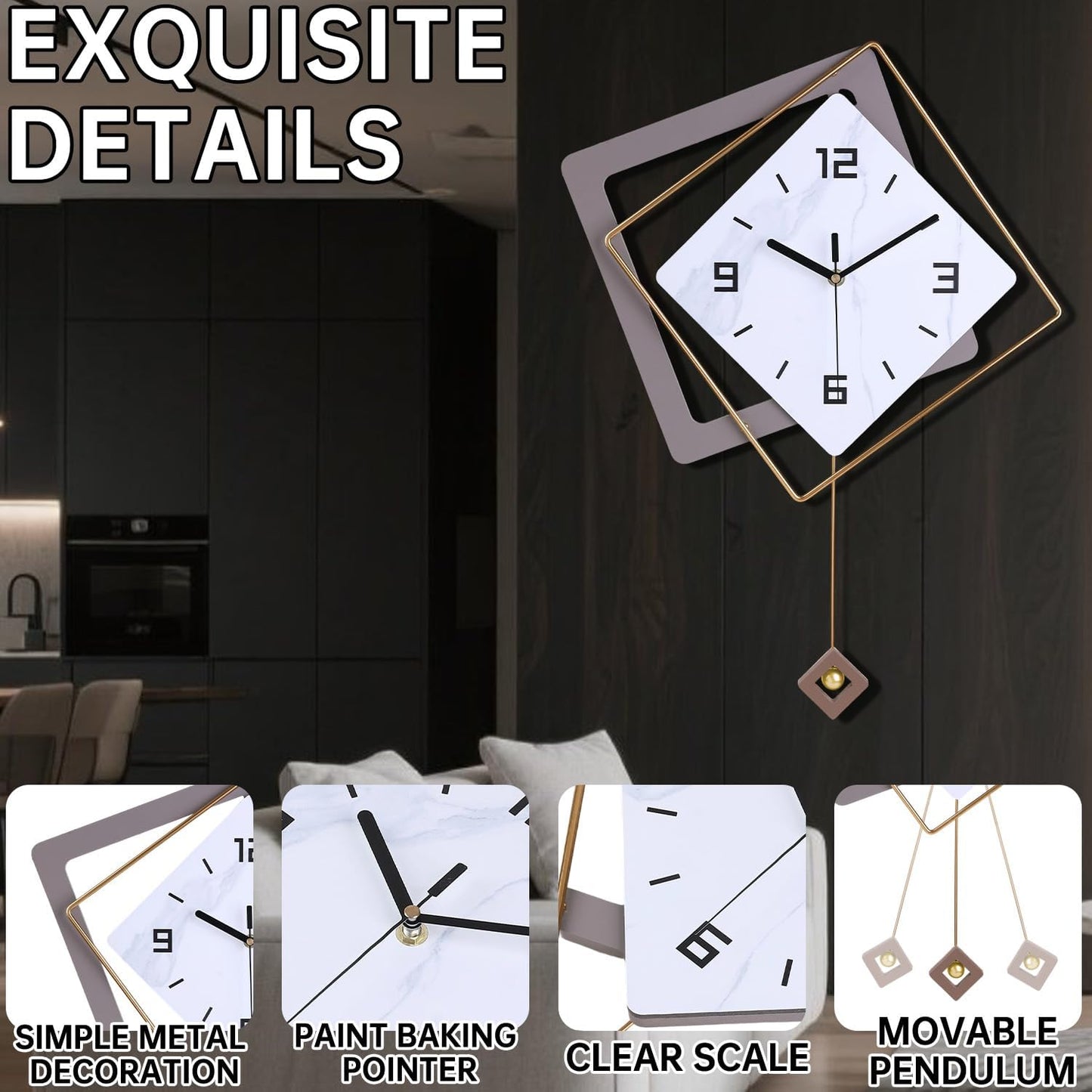 Wall Clock with Pendulum,Silent Quality Quartz Battery Operated,Modern Large Wall Clocks for Living Room Kitchen Home Bathroom Bedroom Wall Decor,16.2x26Inch(Black)