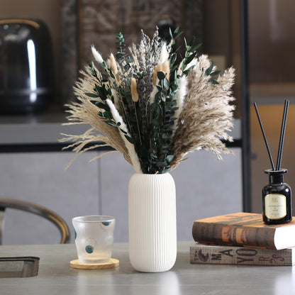 Bohemian White Ceramic Vase - for Pampas Grass, Mantel, Bookshelf, Entryway and Living Room Decor (White, 7in)
