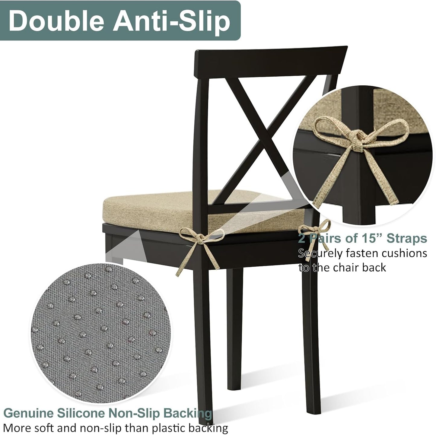 Shinnwa Dining Chair Pads, Patented Design Memory Foam Kitchen Chair Cushions with Ties and Washable Cover, 17" x 16" x 2", Black