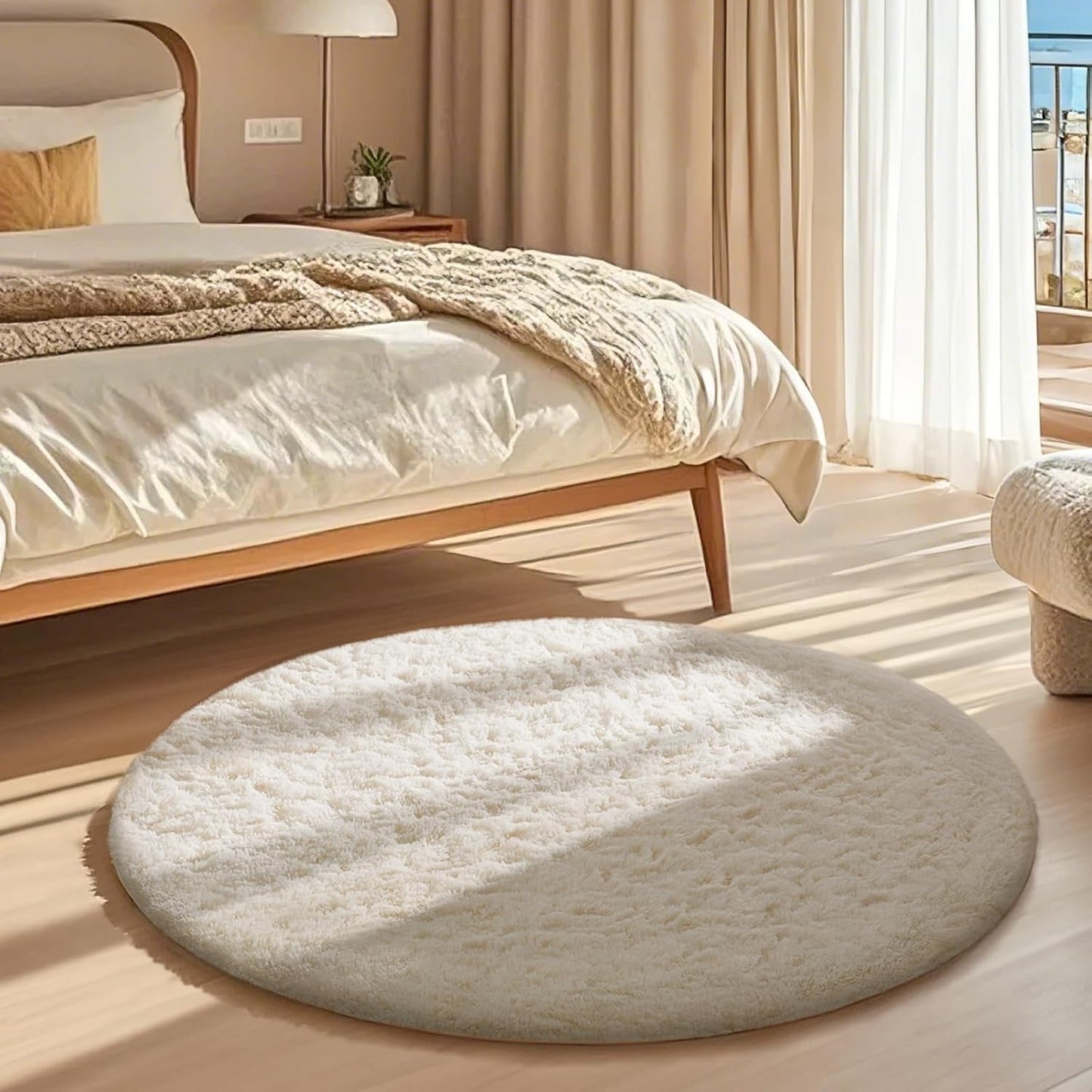 Ophanie Round Rugs 5Ft Ivory Circle Area Rug, Nursery Room Decor, Christmas Aesthetic Bedroom Home Circular Carpet 5 Foot, Fluffy Fuzzy Shag Plush Cream Living Room Rugs for Kids Boys Girls Teen Baby